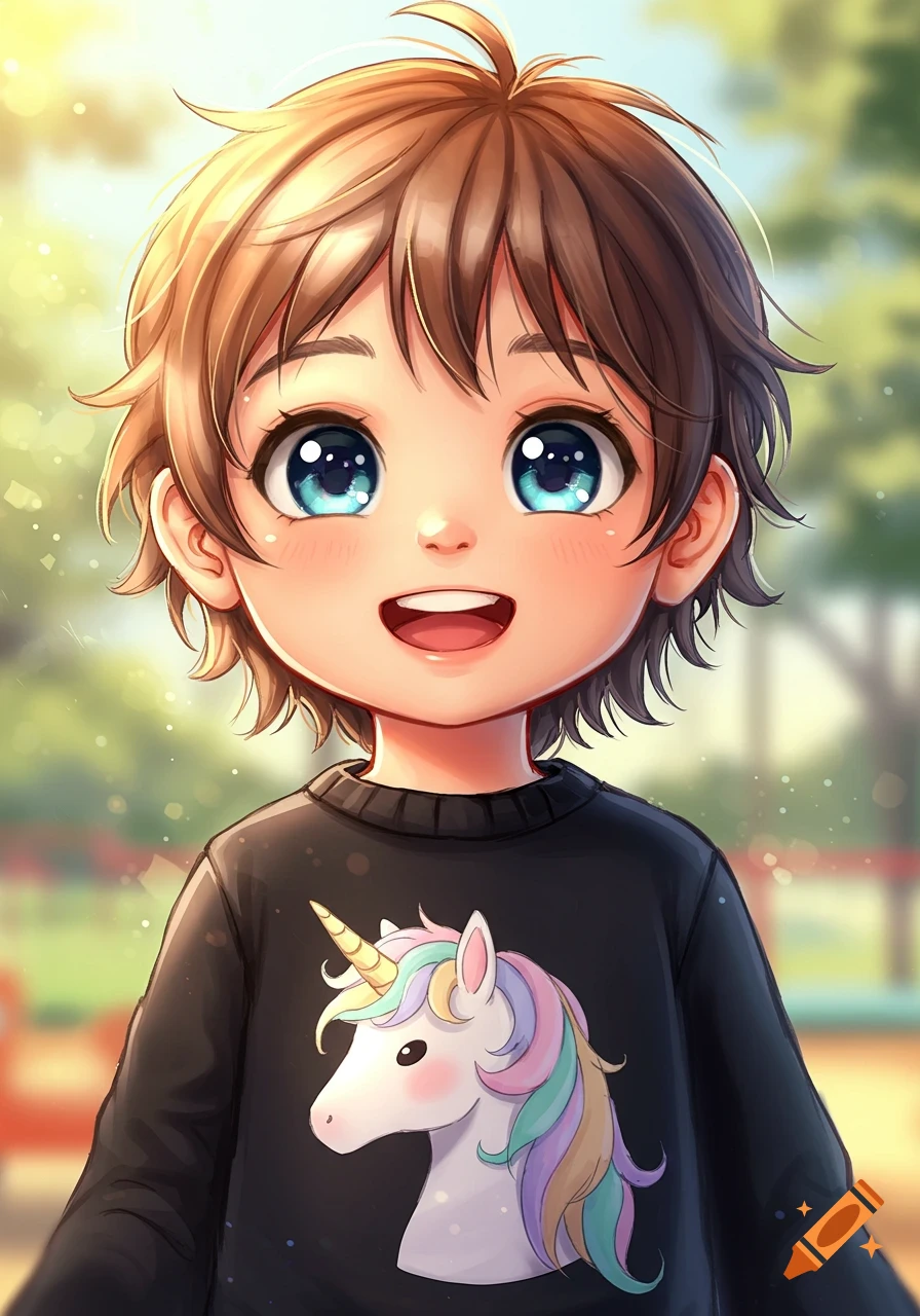 An anime-style child with short brown hair and big blue eyes, smiling and wearing a black sweater with a unicorn design, in a bright outdoor setting.