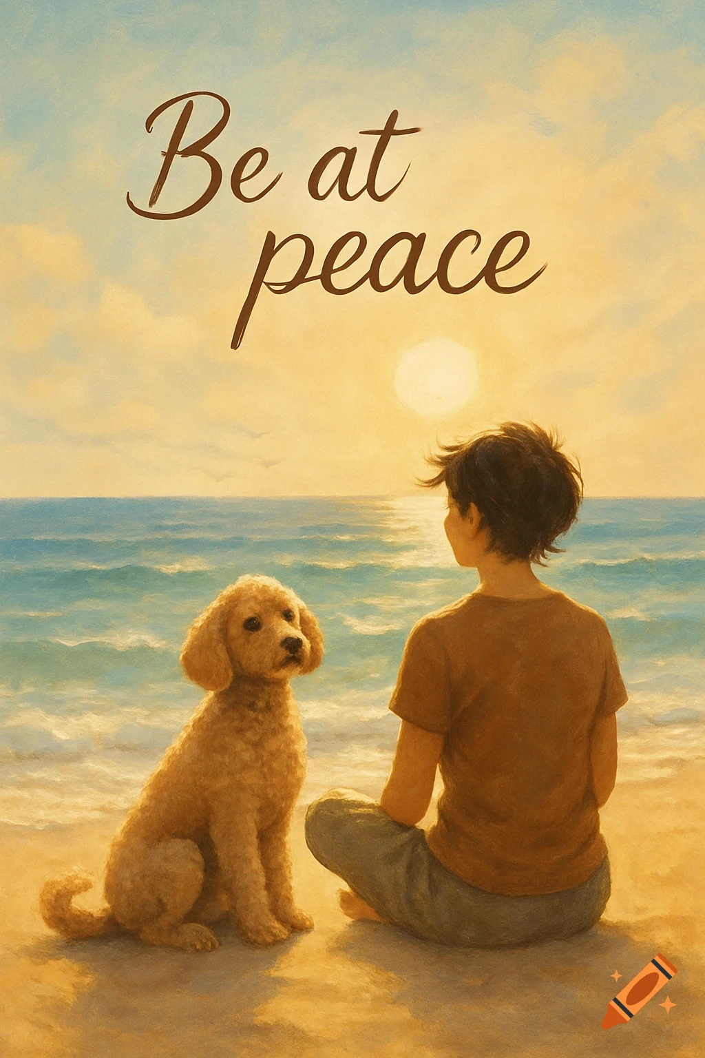 Illustration of a person and an apricot poodle sitting on a beach, looking at the ocean at sunset, with the text 'Be at peace'.