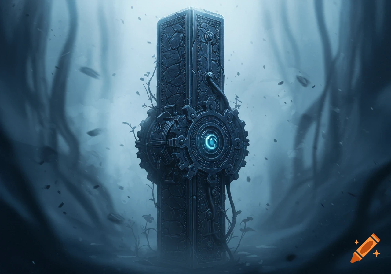 A dark, intricate stone mechanical monolith with a glowing blue core and gears, surrounded by vines in a misty blue fantasy setting.