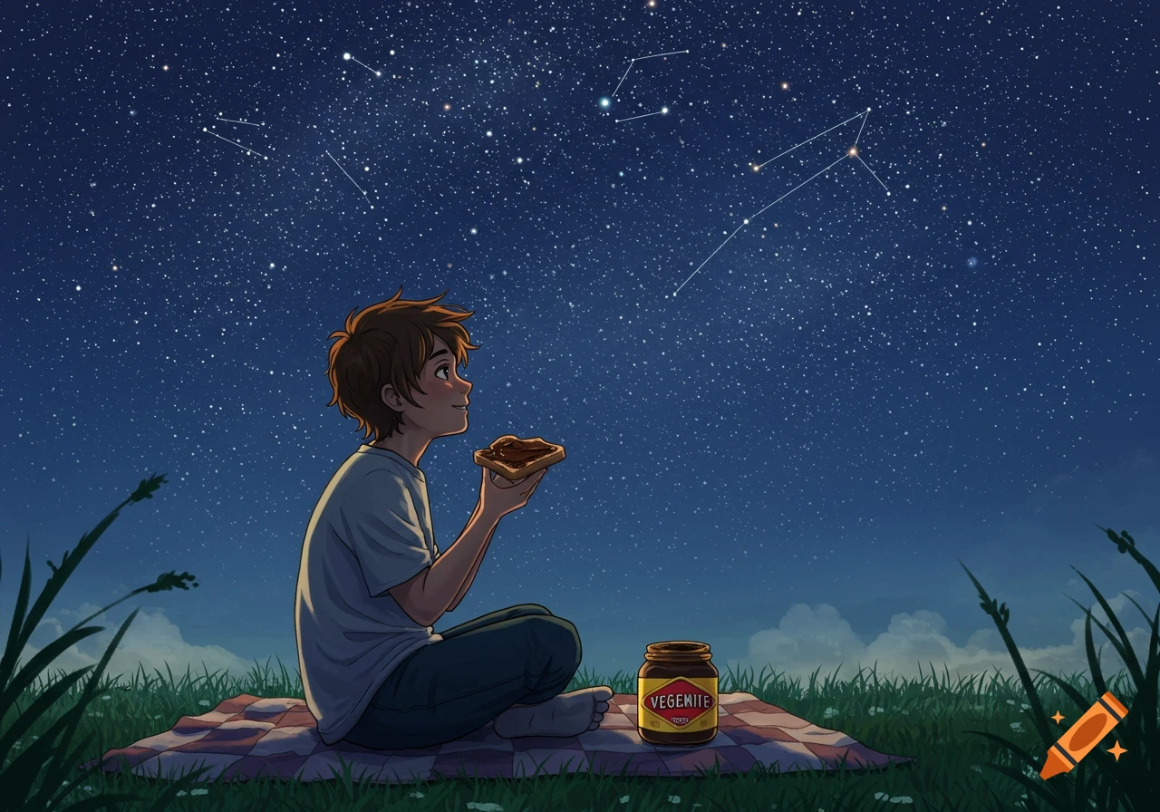 An illustrated boy sitting on a blanket, eating toast with vegemite, while looking up at a starry night sky.
