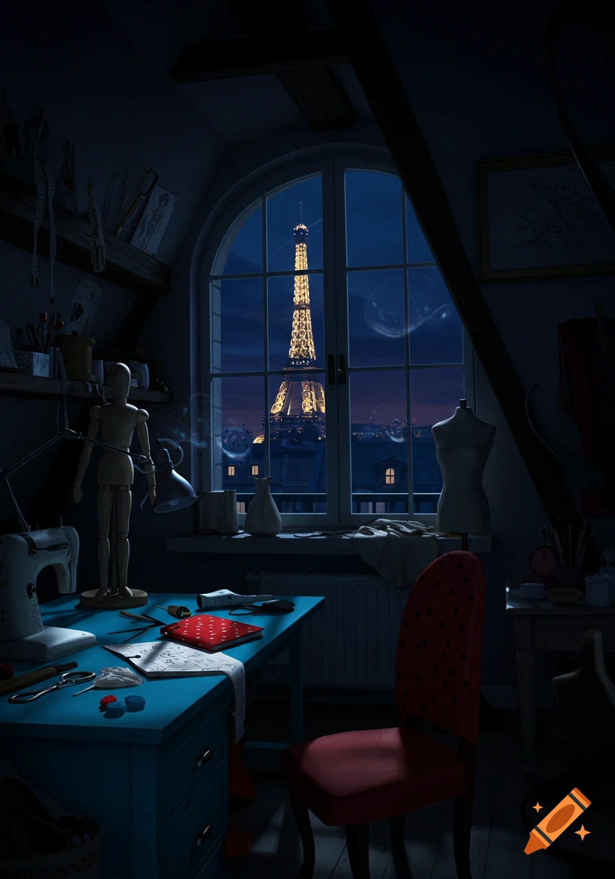 A dimly lit attic room with a sewing machine, mannequin, and desk. Through an arched window, the lit Eiffel Tower is visible at night.