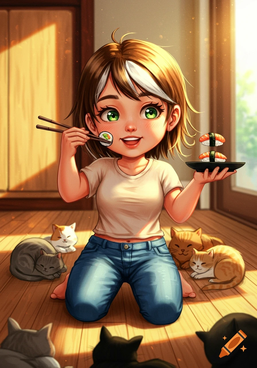 A happy cartoon girl with brown and white hair kneels, eating sushi with chopsticks and holding a sushi plate, surrounded by sleeping cats.