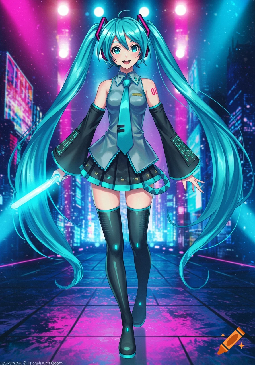 Hatsune Miku with long teal pigtails, a microphone headset, and a glowing light stick, stands in a neon pink and blue city.