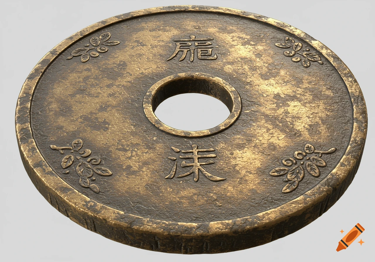 A bronze, weathered ancient Japanese coin with a square hole in the center, featuring engraved characters and decorative leaf patterns.