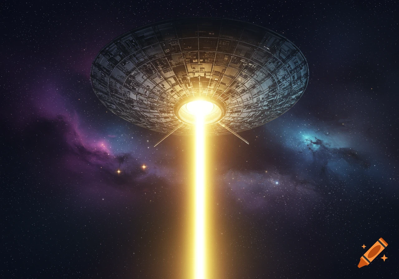 A large, metallic, disc-shaped UFO emits a bright golden beam into a star-filled galaxy with purple and blue nebulae.