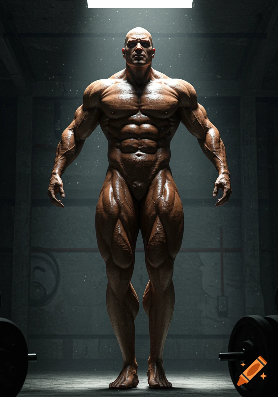A hyper-muscular, bald bodybuilder poses under dramatic lighting in a dark gym, with weights visible.