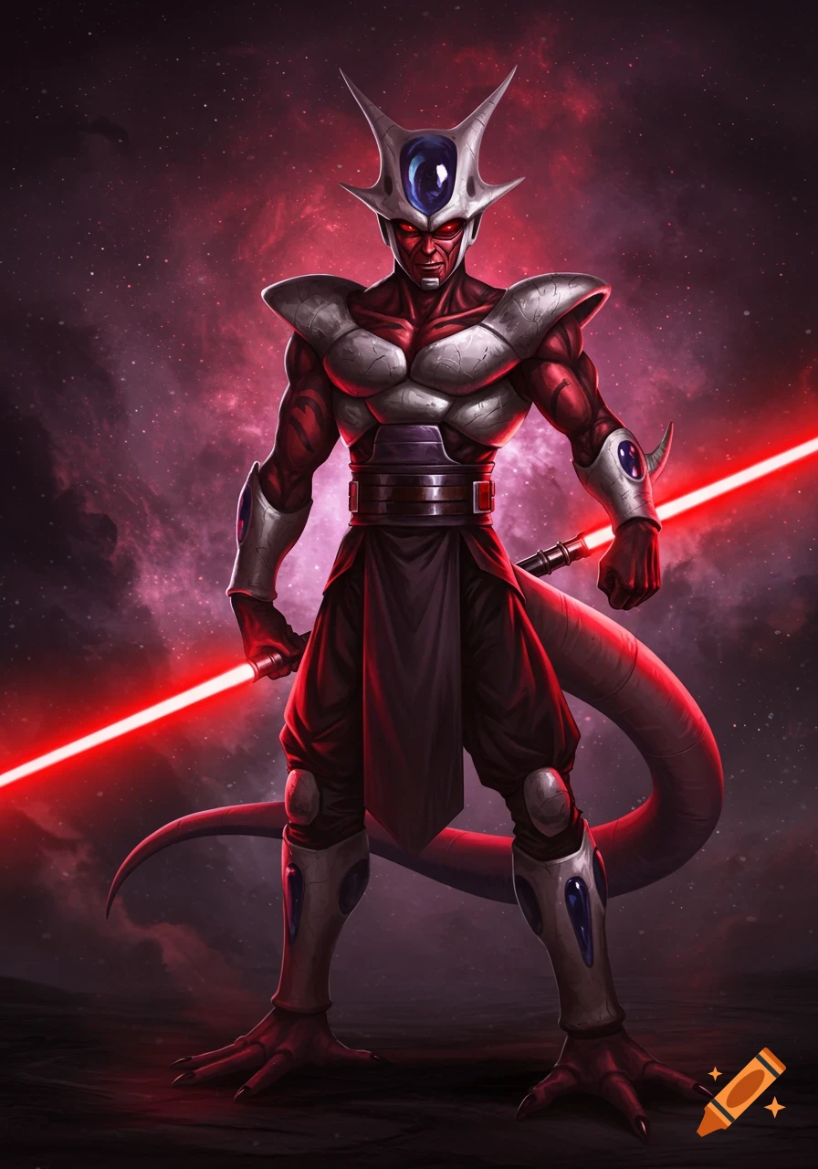 A menacing red-skinned villain in white armor with a spiky head and tail, wielding two red lightsabers against a cosmic background.