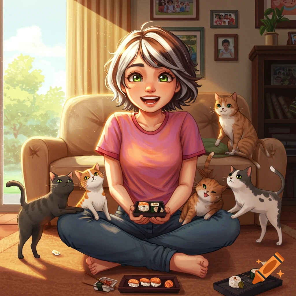 Smiling woman with green eyes sitting on the floor surrounded by five cats, holding sushi. More sushi is on the floor. Illustrated style.