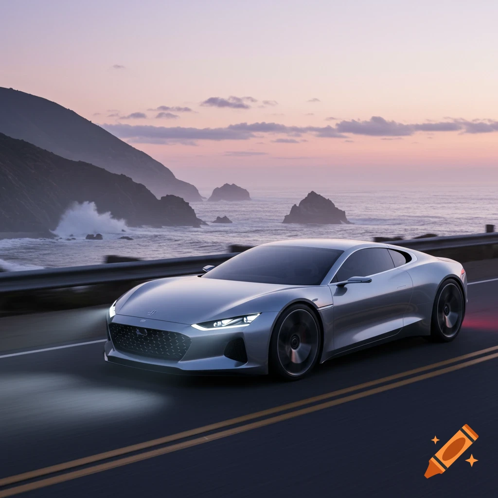 A sleek silver sports car drives on a coastal highway at sunset, with ...