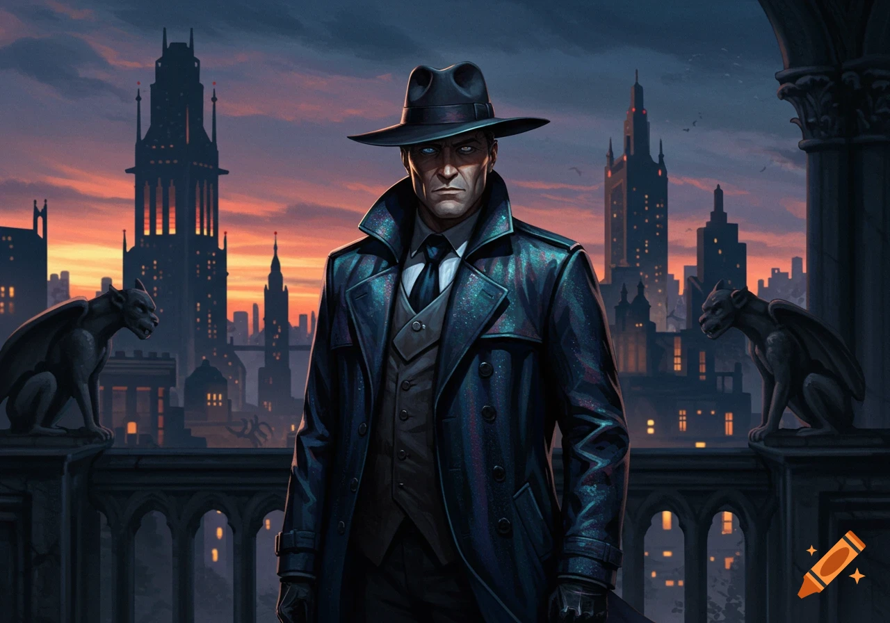 A stern man in a trench coat and fedora stands on a gothic balcony ...