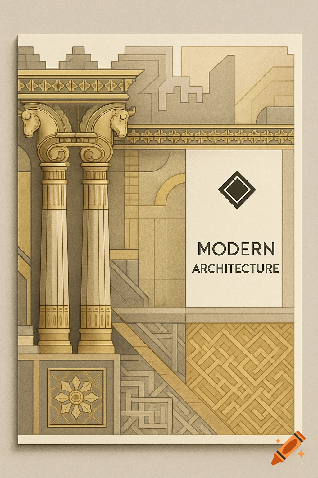 A stylized illustration of a modern architecture cover design with gold and grey tones, featuring two bull-headed columns and geometric patterns, with text that reads 'MODERN ARCHITECTURE' and a black diamond logo.