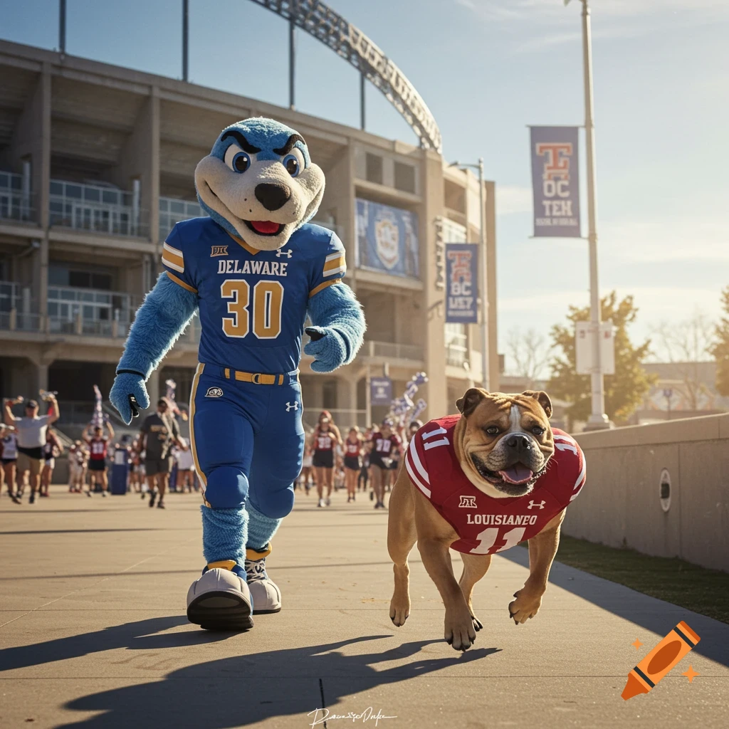 Photorealistic image of a blue hen mascot in a Delaware uniform and a bulldog in a Louisiana football jersey, running on a stadium sidewalk.