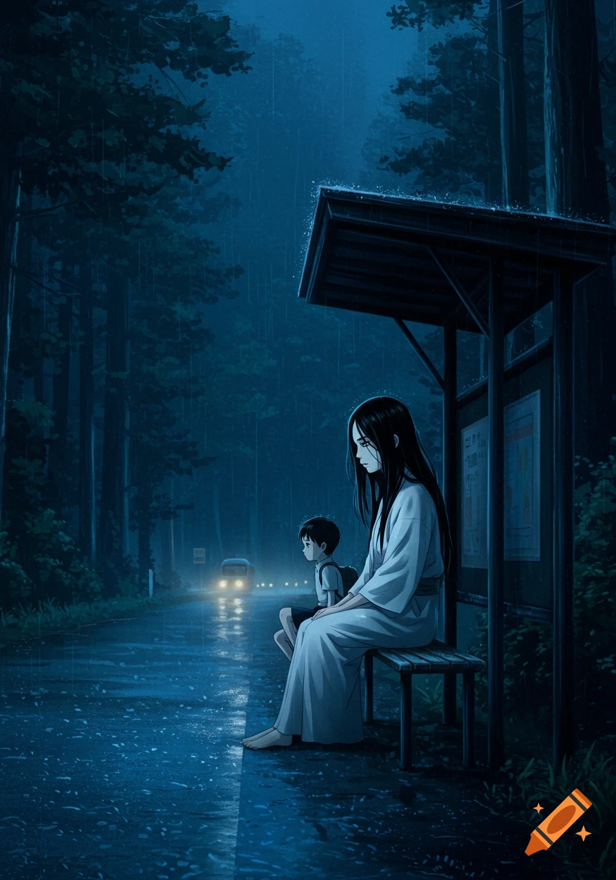 An anime scene of a woman and a young boy sitting at a bus stop in a dark, rainy forest, with headlights approaching.