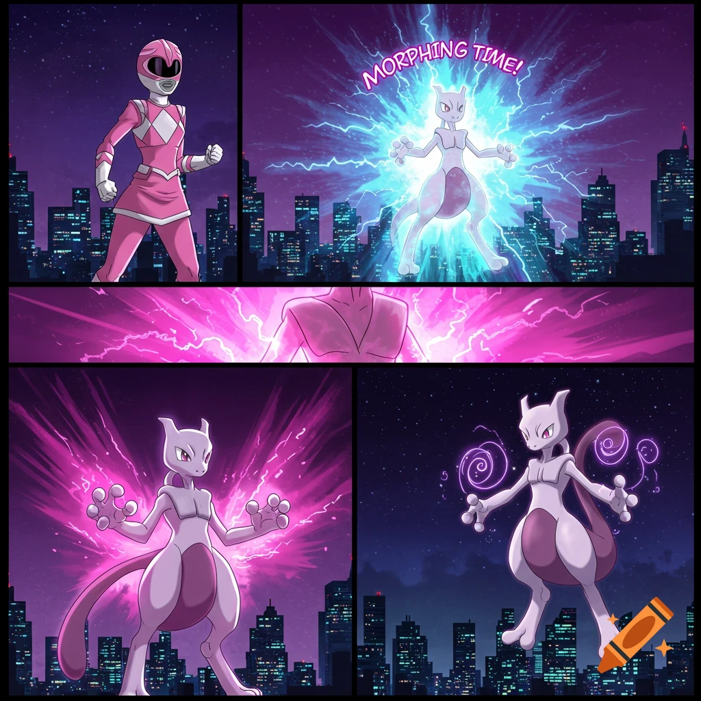 A four-panel comic showing the Pink Power Ranger transforming into Mewtwo against a city skyline at night.