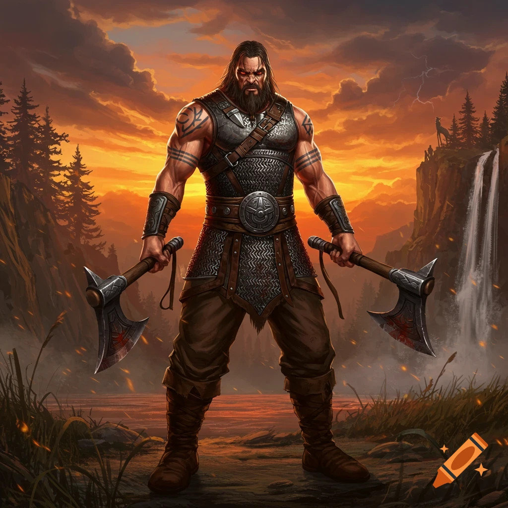 A muscular barbarian warrior with a beard and tattoos holds two axes against a fiery sunset backdrop with a waterfall.