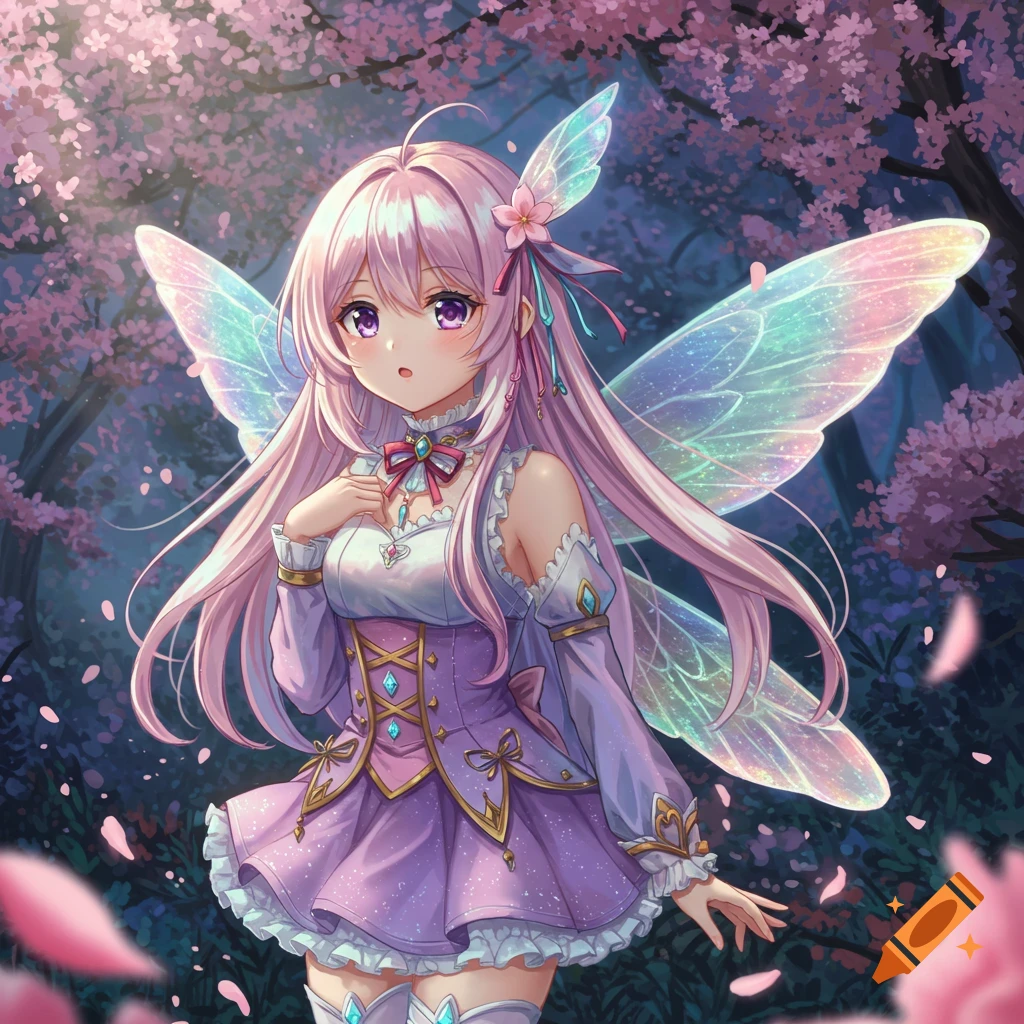 An anime fairy girl with long pink hair and iridescent wings stands among pink cherry blossom trees, looking surprised.