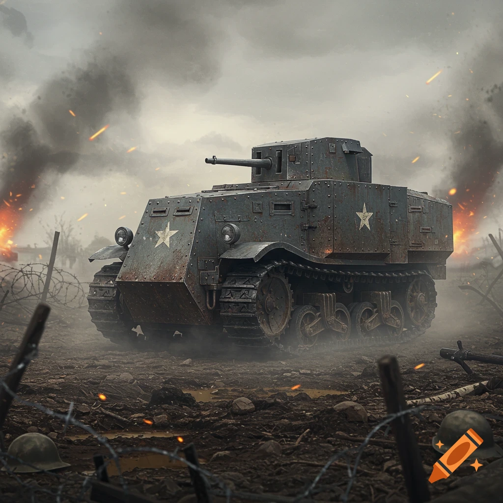 A WWI-era tank on a muddy battlefield, surrounded by smoke, distant explosions, and barbed wire.