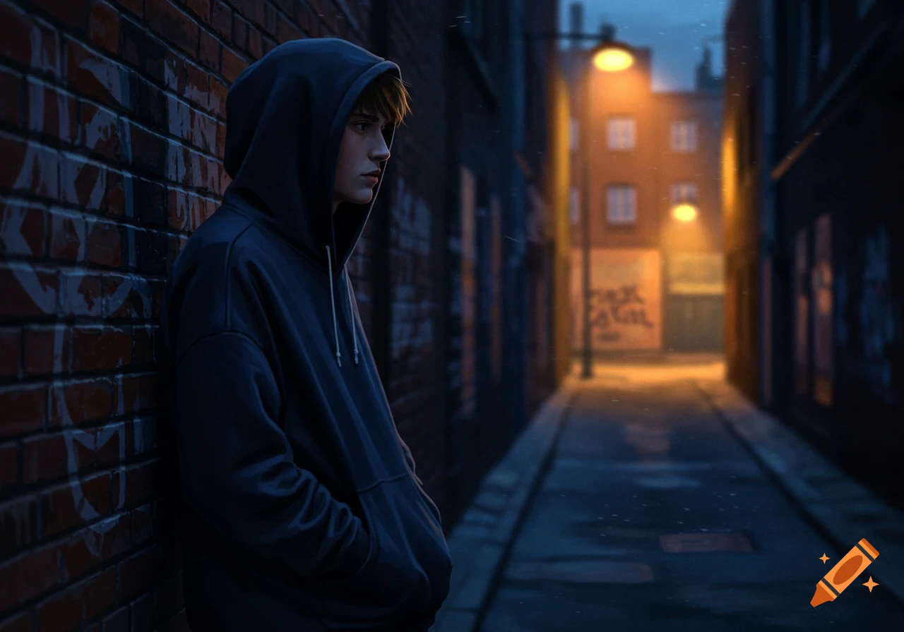 A young person in a dark hoodie leans against a brick wall in a dimly lit urban alleyway with streetlights glowing.