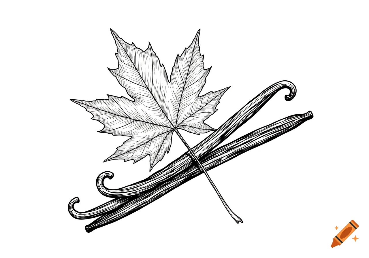 Black and white line art illustration of a maple leaf overlapping two vanilla beans.