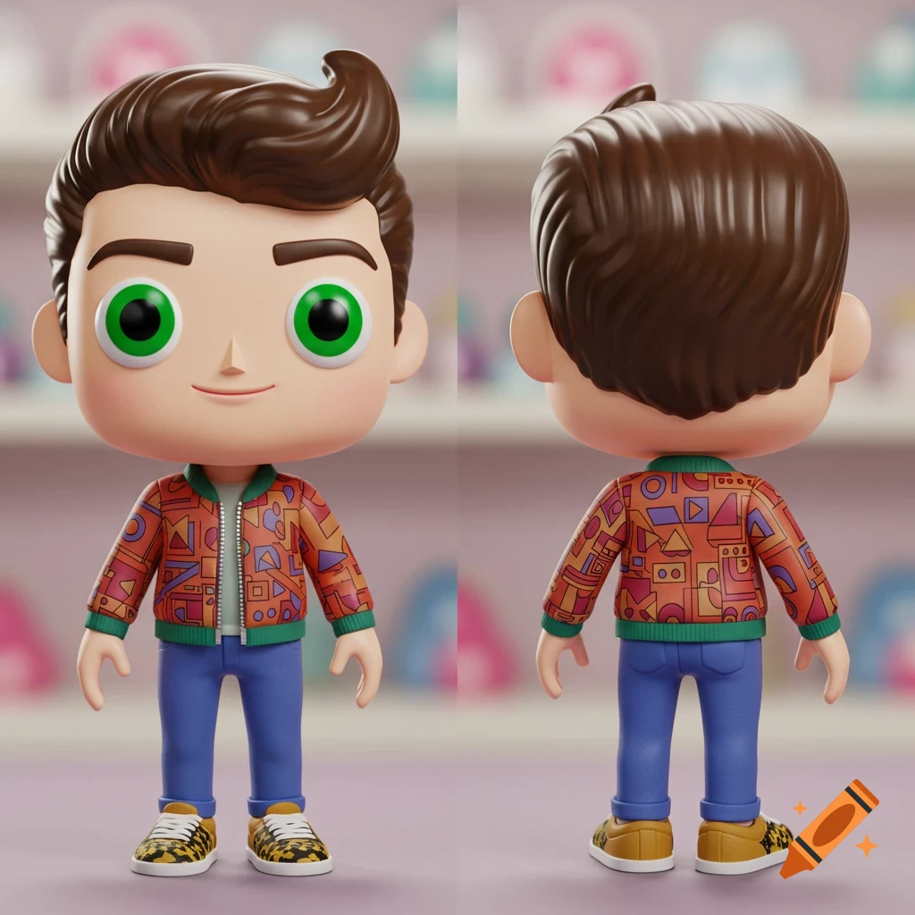 A stylized male collectible figure with green eyes, brown hair, wearing a patterned orange jacket, blue pants, and leopard print shoes, shown front and back.