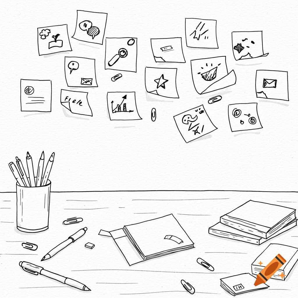 Minimalist black-and-white line art of a messy desk with pens, paper clips, books, and sticky notes on the wall above it.
