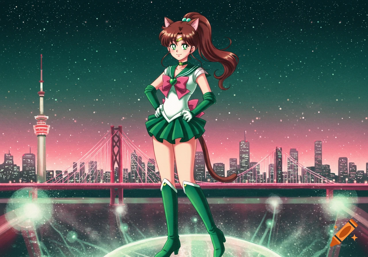 An anime catgirl in a green Sailor Moon costume with a tail and cat ears poses under a starry, pink and teal night sky above a cityscape.
