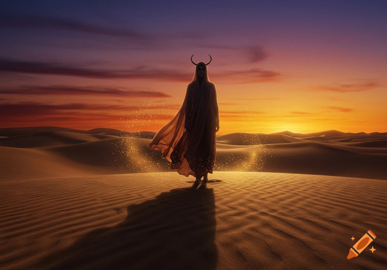 A hooded figure with horns stands on sand dunes at sunset, surrounded by golden sparkles.