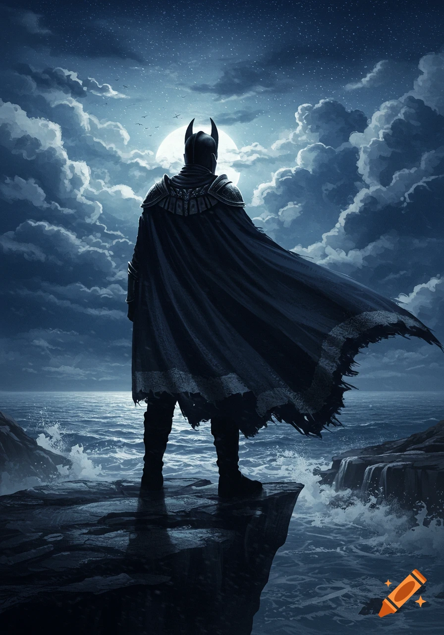 A caped figure in a helmet stands on a cliff overlooking a stormy sea under a full moon and cloudy sky.