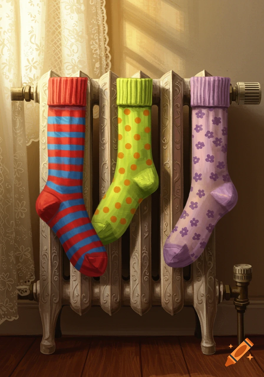 Three colorful socks (striped, polka dot, floral) hang on a white radiator with a lace curtain and sunlight behind.