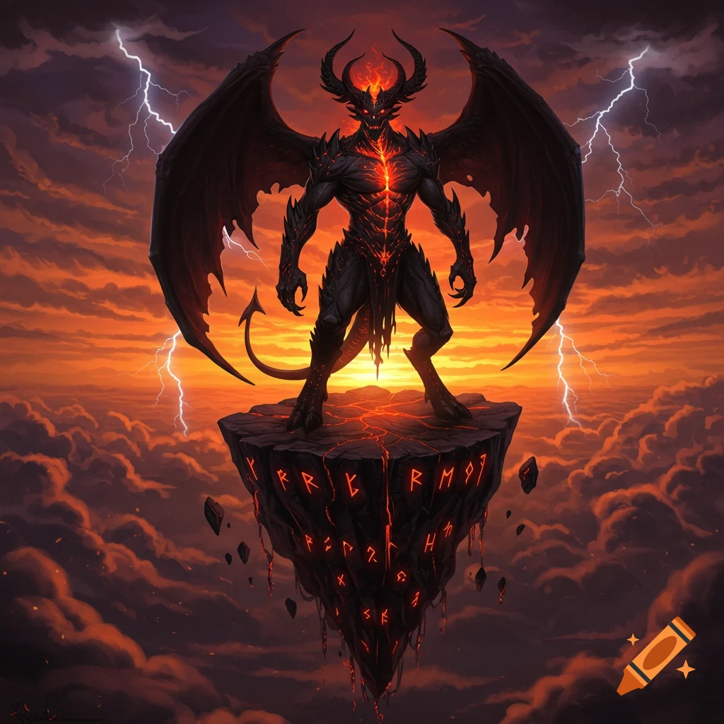 A formidable dark demon with glowing red cracks and large wings stands atop a floating, rune-carved rock against a fiery sunset sky with lightning.