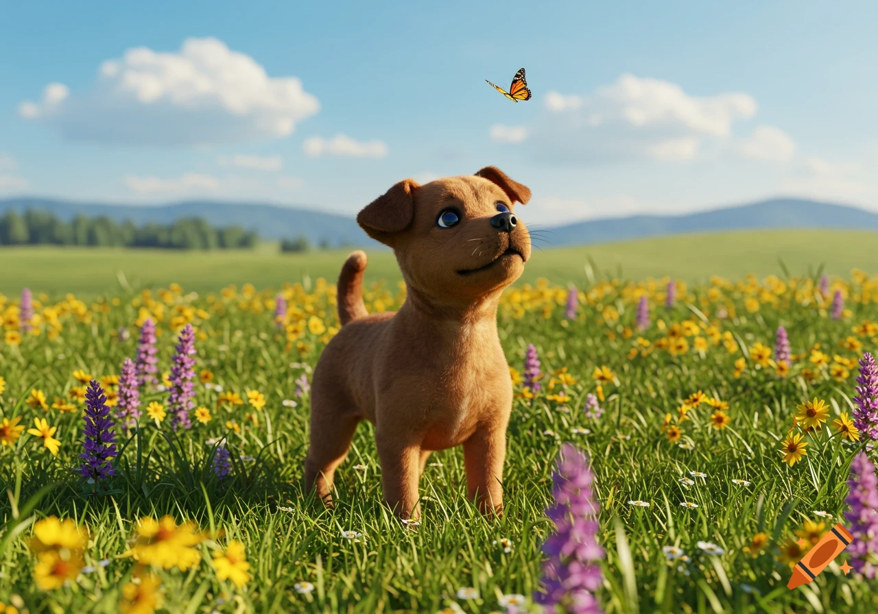 A small brown puppy with blue eyes looks up at a butterfly in a field of wildflowers under a blue sky.