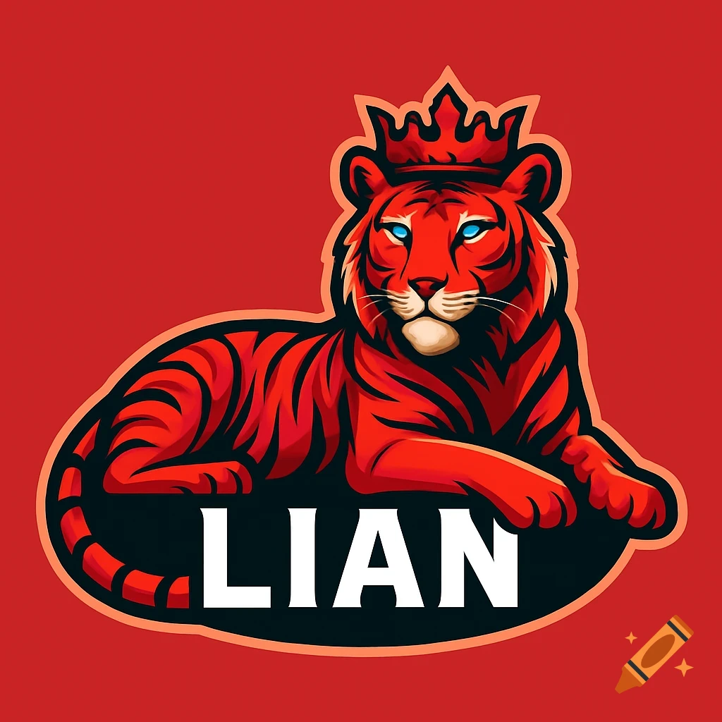 Stylized red tiger with blue eyes and a crown, lying down as an esports logo with 'LIAN' text.