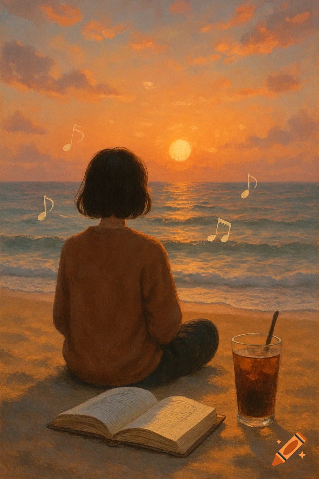 A person sits on a sandy beach, watching a golden sunset over the ocean, with musical notes, an open book, and a drink, in a painterly style.