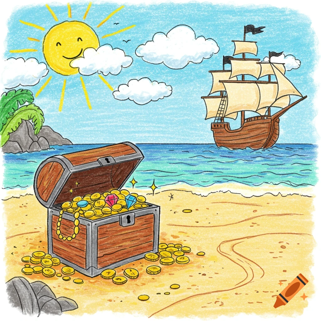 A colorful crayon drawing of an open treasure chest on a sandy beach with coins and gems, a pirate ship on the sea, and a smiling sun.