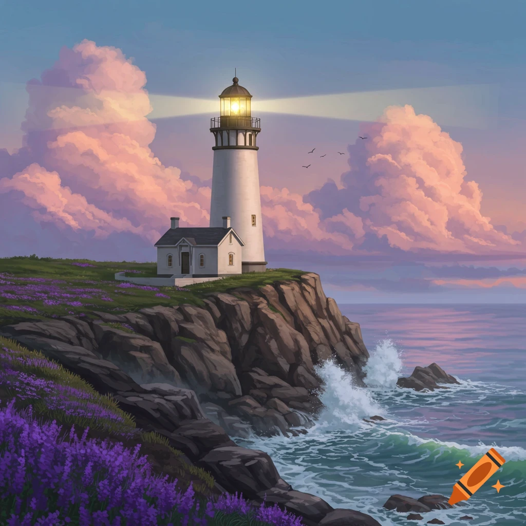 Illustrative white lighthouse and house on a cliff with purple flowers, overlooking a wavy ocean under a pink and blue sunset sky.