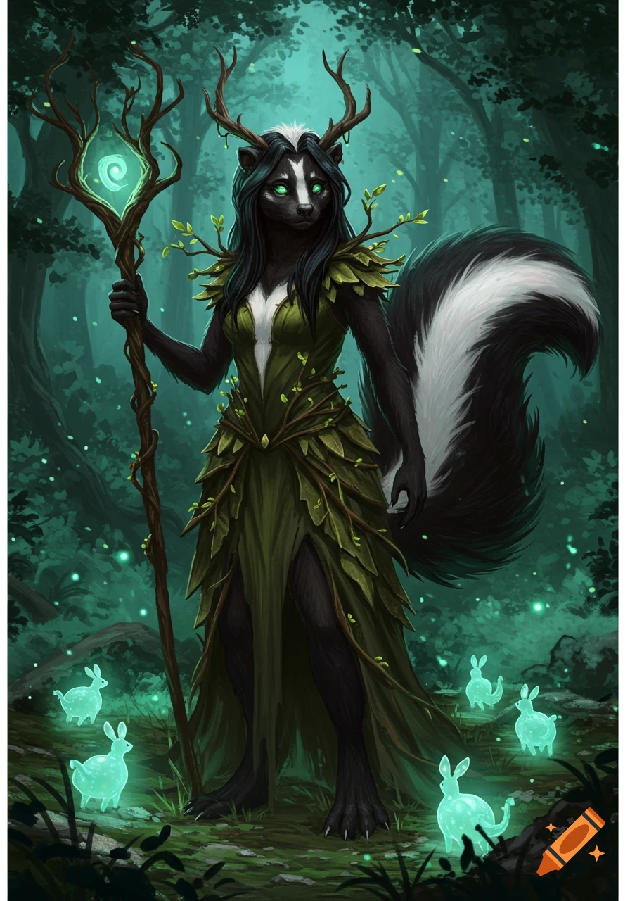 A humanoid skunk druid female with antlers and a leafy dress holds a glowing staff in a magical forest with glowing rabbits.