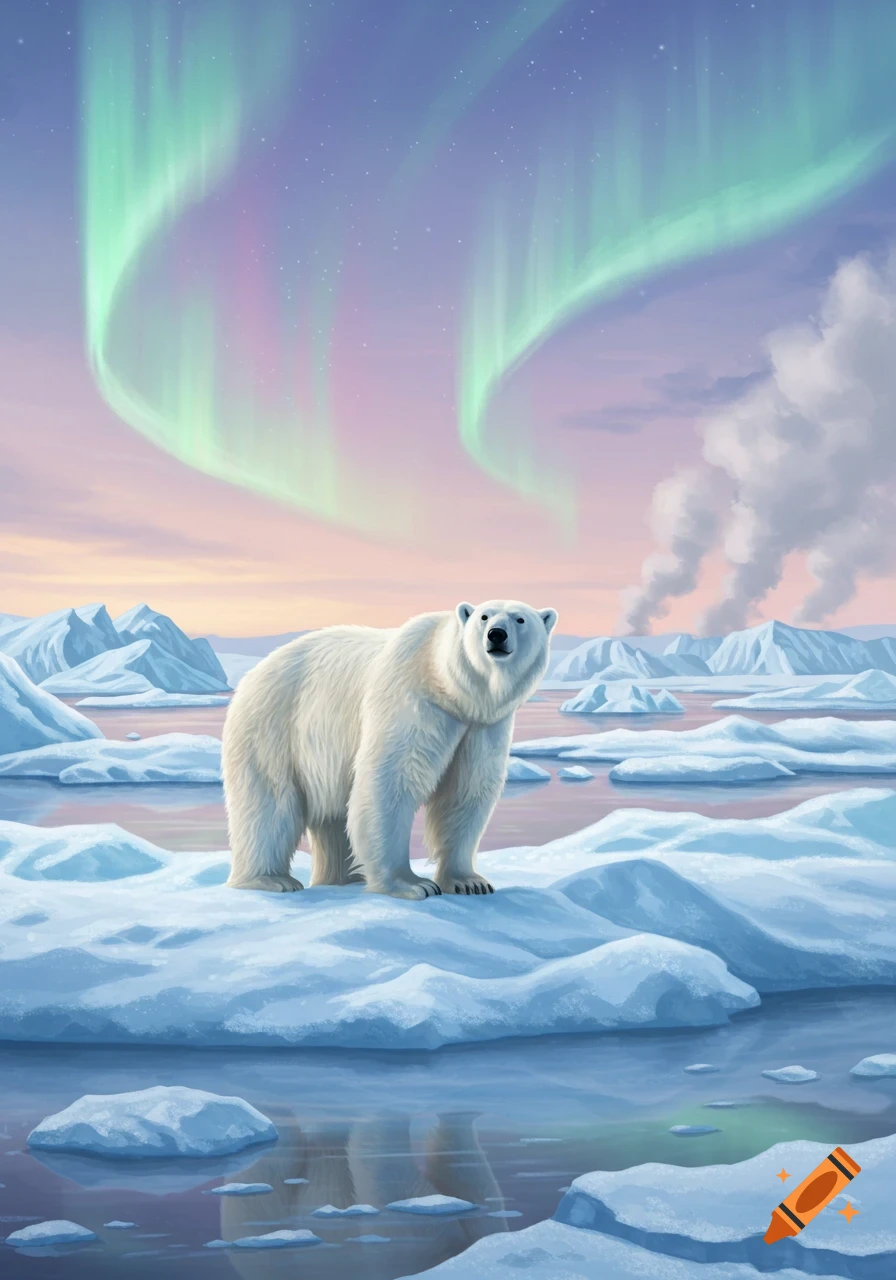 An illustrated polar bear stands on an ice floe in an arctic scene with green aurora in a pink sky and distant mountains.