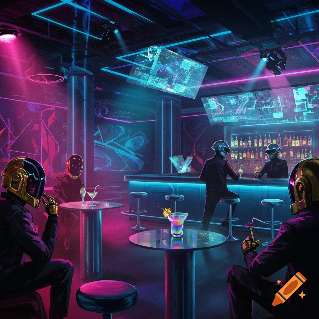 Daft Punk-style figures in a neon-lit futuristic bar, sipping colorful cocktails.