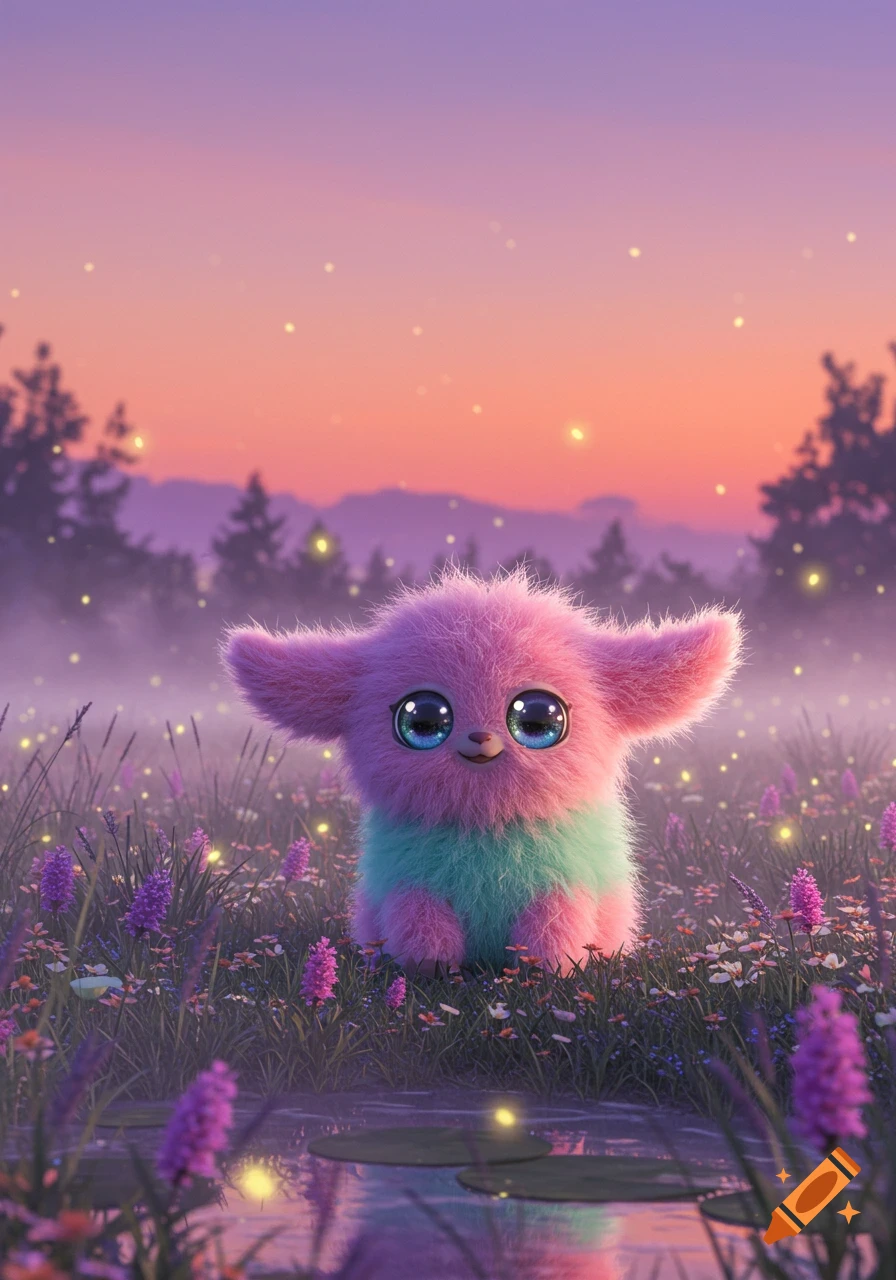 A fluffy pink and teal creature with large blue eyes sits in a field of purple flowers and glowing particles at sunset.