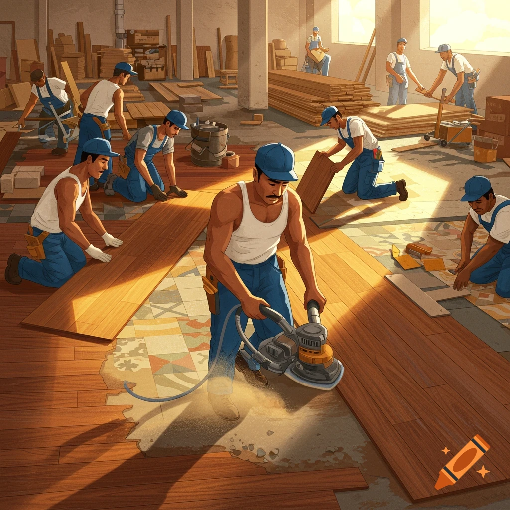 Multiple men installing wooden floors in a large, sunlit room, with one man sanding the floor in the foreground.