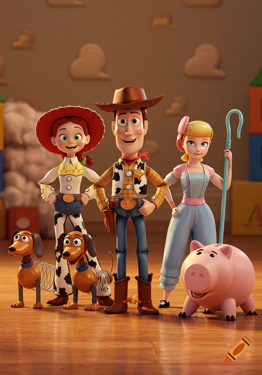 Woody, Jessie, Bo Peep, two Slinky Dogs, and Hamm the pig stand together in a brightly lit room with a wooden floor, resembling the animated Toy Story characters.
