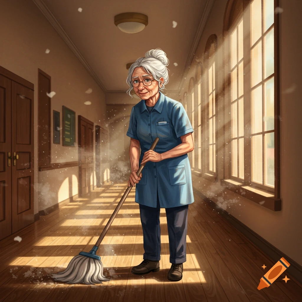 Elderly cleaning lady with white hair in a blue uniform mopping a sunlit wooden hallway in an illustrated style.