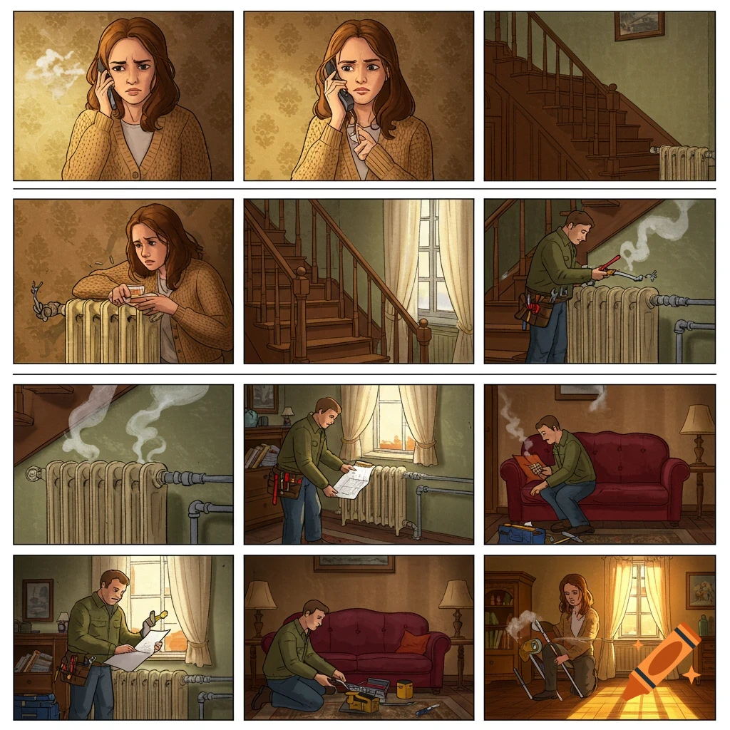 A 10-panel comic strip showing a woman discovering her heater is broken, calling a repairman, and the repairman fixing the heater.