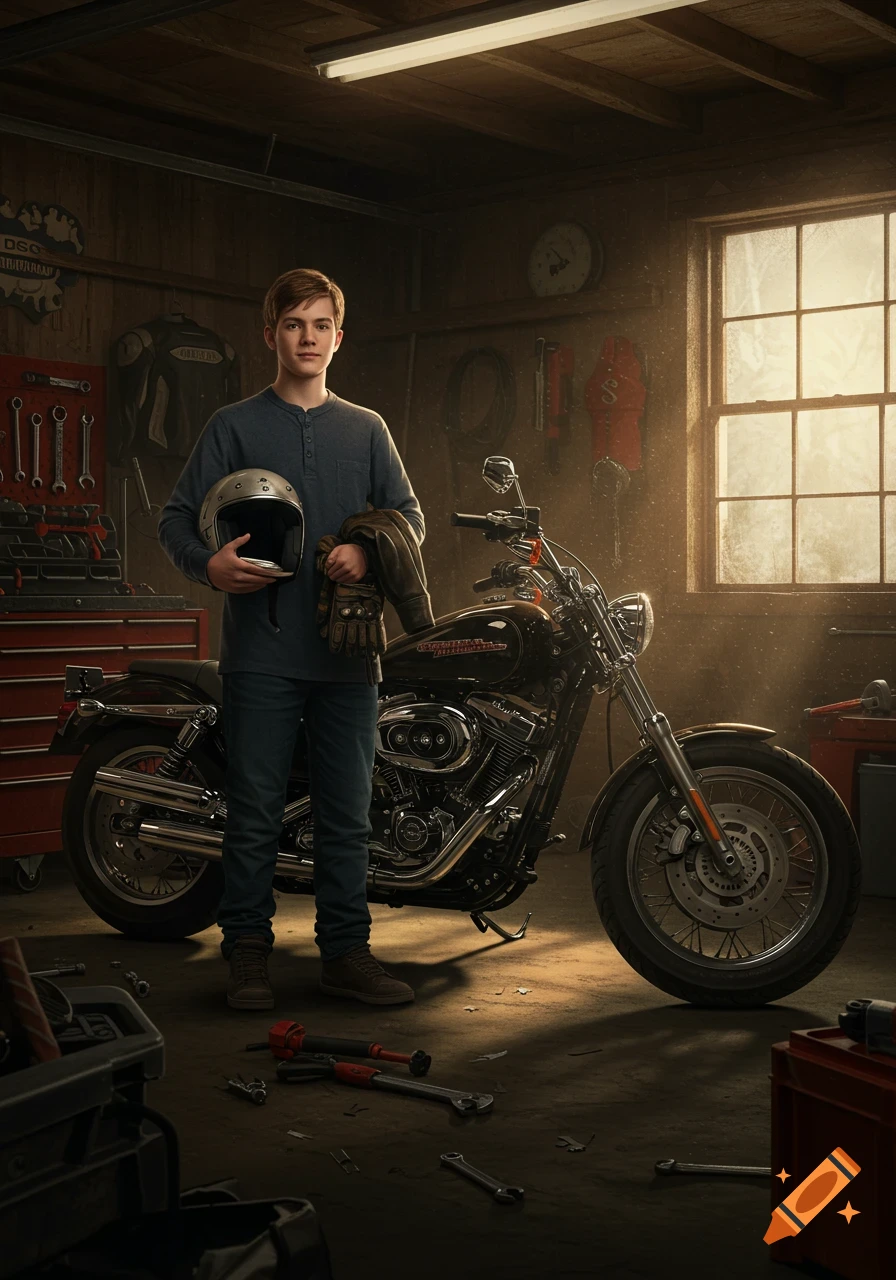 A young man stands in a dusty garage next to a black Harley-Davidson motorcycle, holding a helmet and gloves. Warm cinematic lighting illuminates the scene.