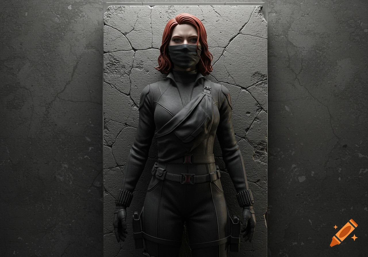 A photorealistic image of Marvel's Black Widow, with red hair and a black face mask, wearing a tactical suit, against a cracked concrete wall.