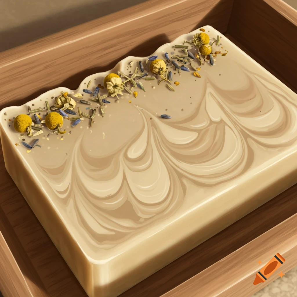 A bar of artisanal beige and white swirled soap, topped with dried chamomile and lavender, sits in a wooden tray.