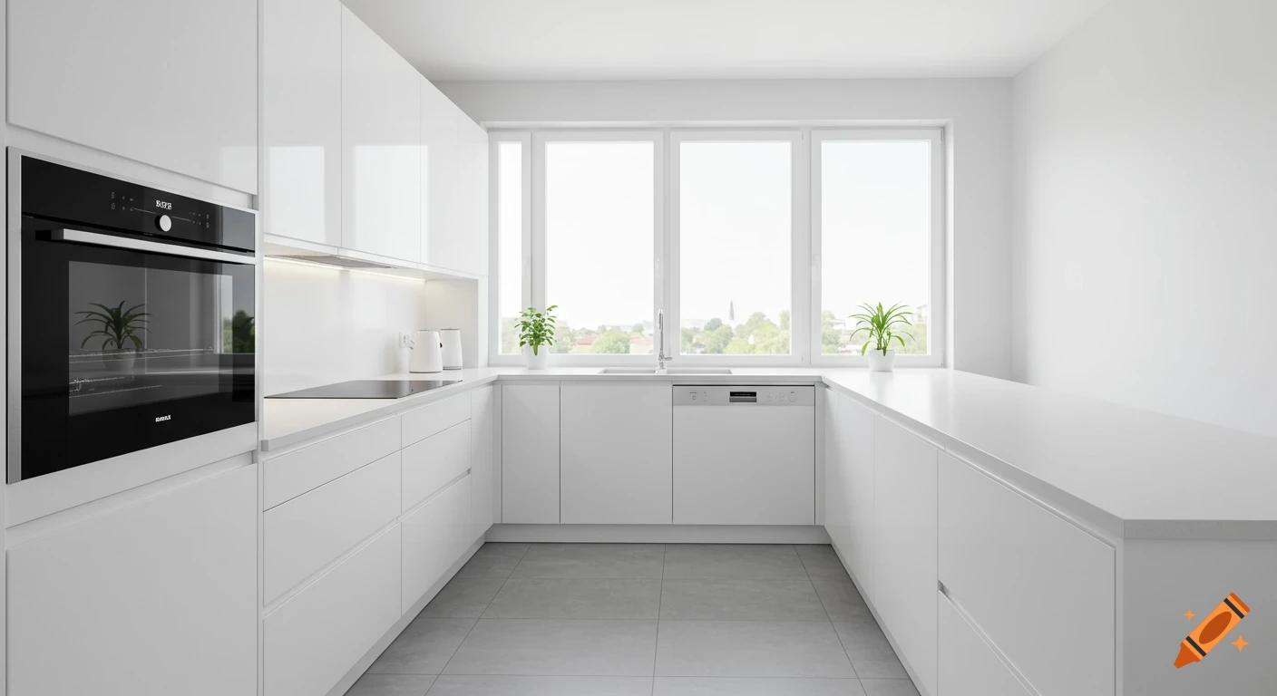 A modern U-shaped kitchen with white cabinets, light gray floor tiles, a built-in oven, sink, dishwasher, and large windows.