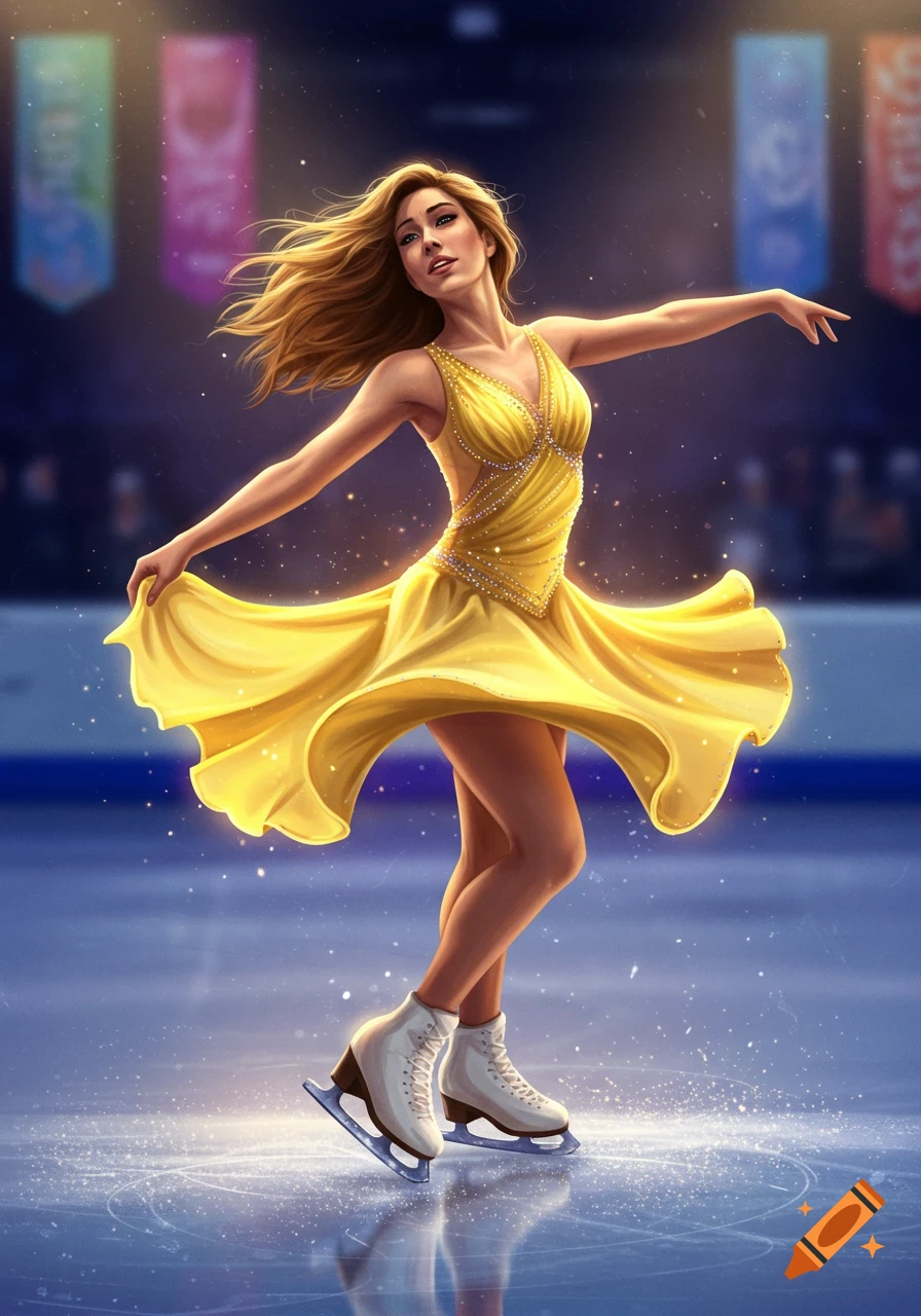 A woman figure skater in a flowing yellow dress performs on an ice rink, digital art.