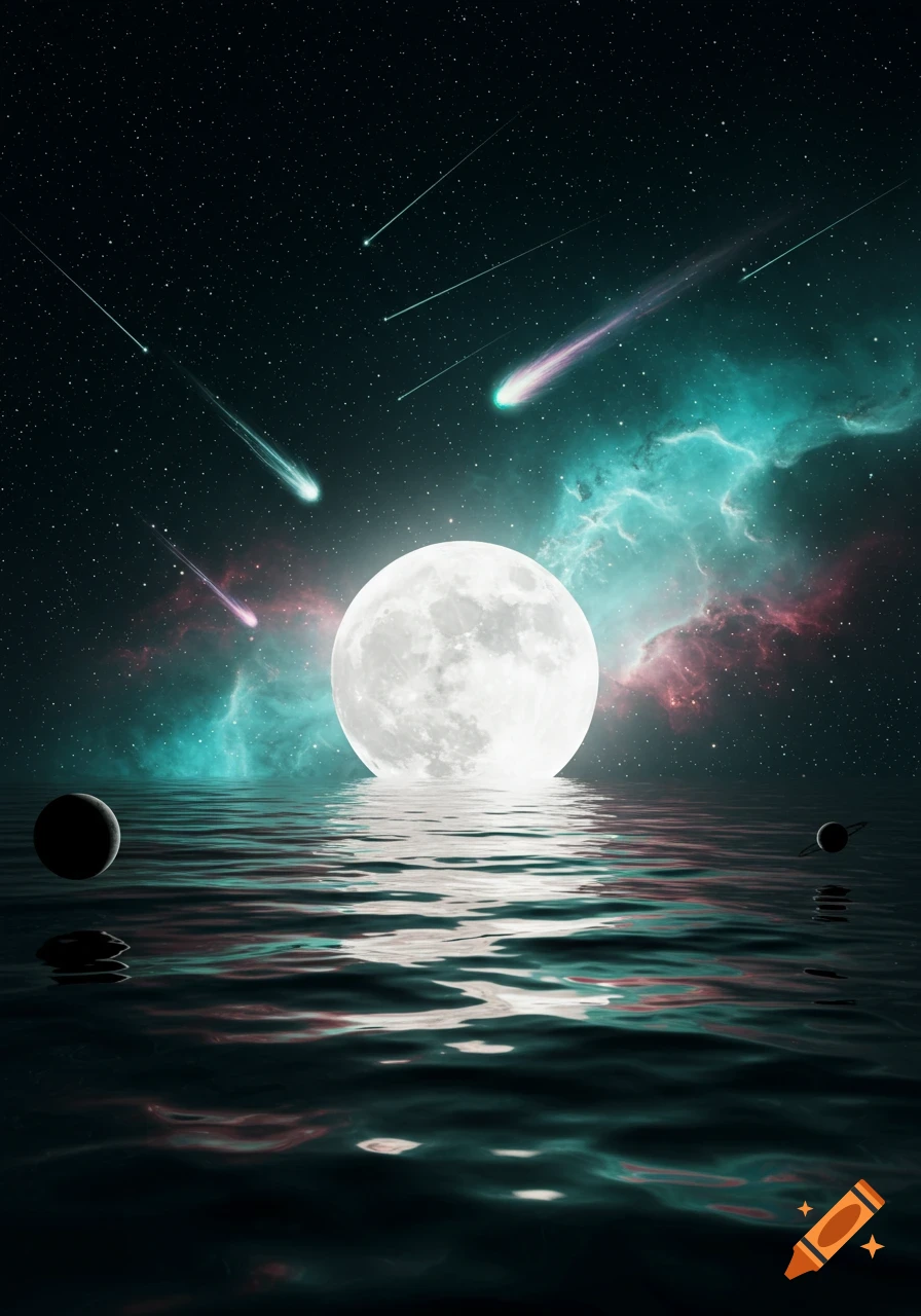 A cosmic scene with a large full moon reflecting on calm water, under a starry sky with colorful nebulae and streaking meteors.