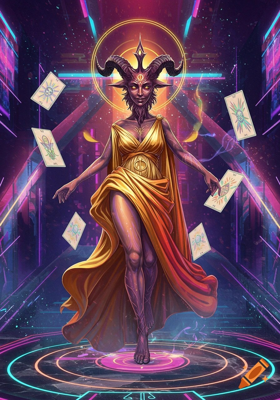 A horned, goat-headed figure in a golden toga stands on a glowing circle, surrounded by floating tarot cards in a neon cyberpunk landscape.